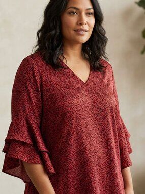 Vince Camuto Red Leopard Print Ruffle Sleeve Tunic - XL - Asymmetrical Hem